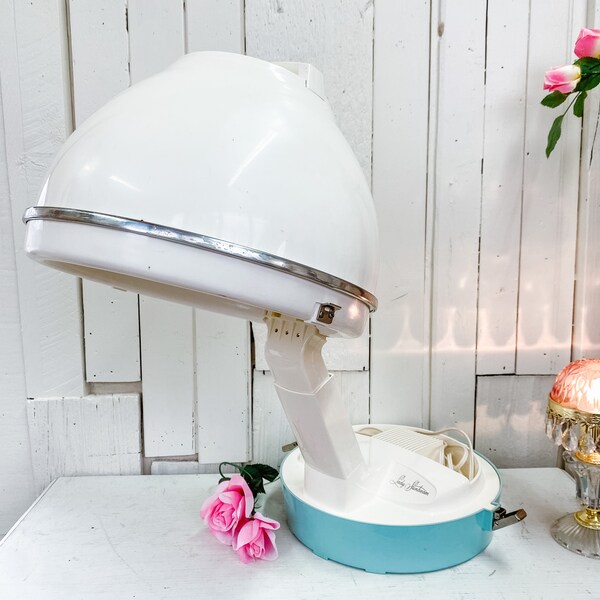 Vintage Lady Sunbeam Hair Dryer Beauty Salon Aqua Blue White Professional Hard Bonnet Tabletop Hooded Portable Works!