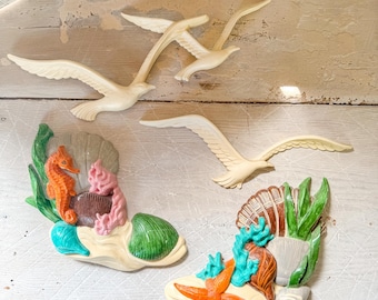 Vintage Ocean Beach Wall Plaques Set of 4 Burwood Products Co Seahell Seahorse Seastar Seagulls Coral Retro Nautical Decor