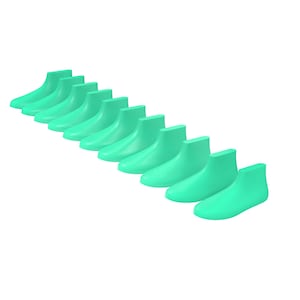 May include: A collection of ten identical mint green silicone shoe covers arranged in a diagonal line. Each cover features a smooth, rounded toe, a low-cut ankle opening, and a flat sole, designed to slip over footwear for protection against moisture.