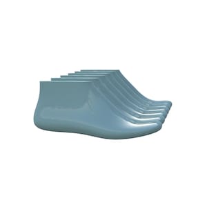 May include: A set of five light blue plastic shoe lasts arranged in a row. Each shoe last features a smooth, glossy finish and a contoured shape designed to mimic the form of a foot, with a raised heel section and a rounded toe area.