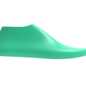 May include: A smooth, solid mint green shoe last with a streamlined, low-profile silhouette. This functional tool features a rounded toe, a curved instep, and a defined heel section, presenting a uniform matte finish across its entire surface.