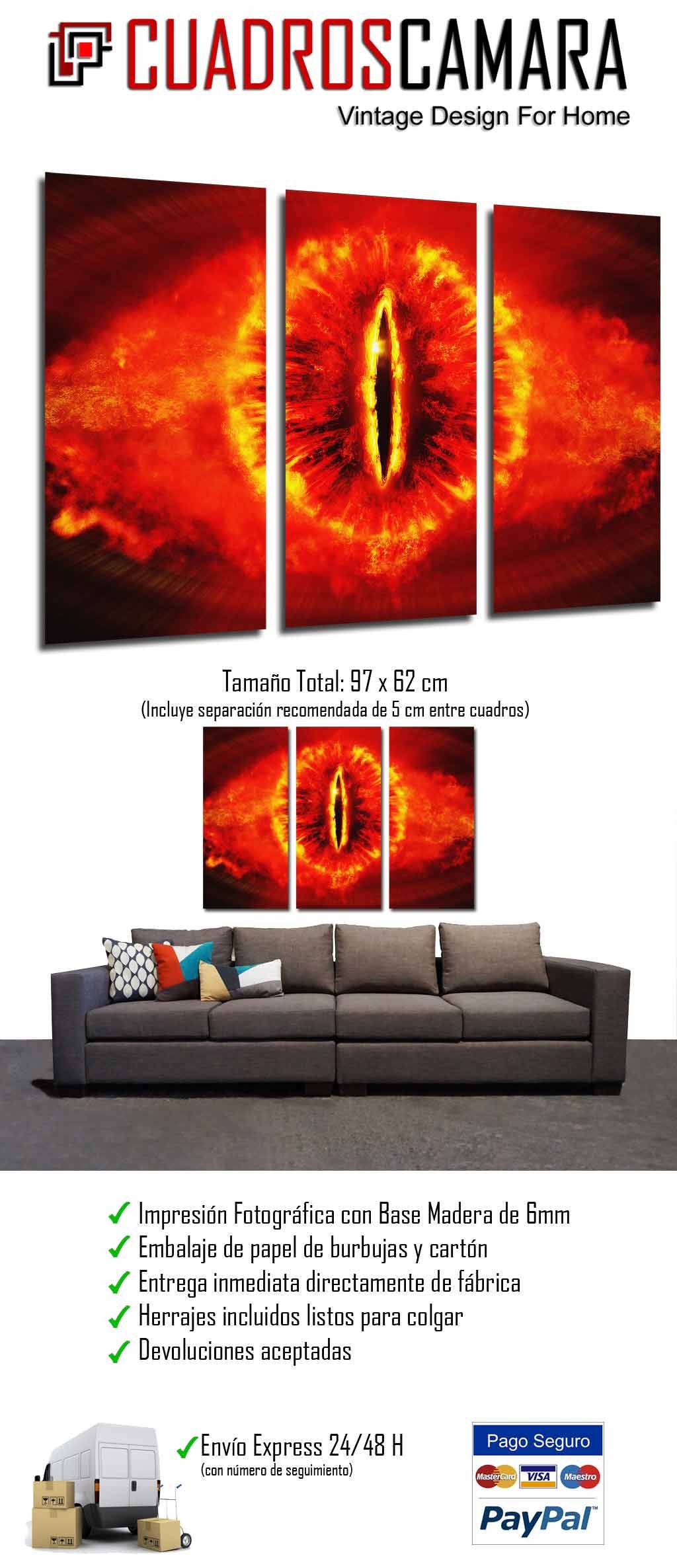 Tableau Le Seigneur Des Anneaux Sauron - Impression Sur Bois 3 Parties, 97x62cm - Déco Geek Moderne