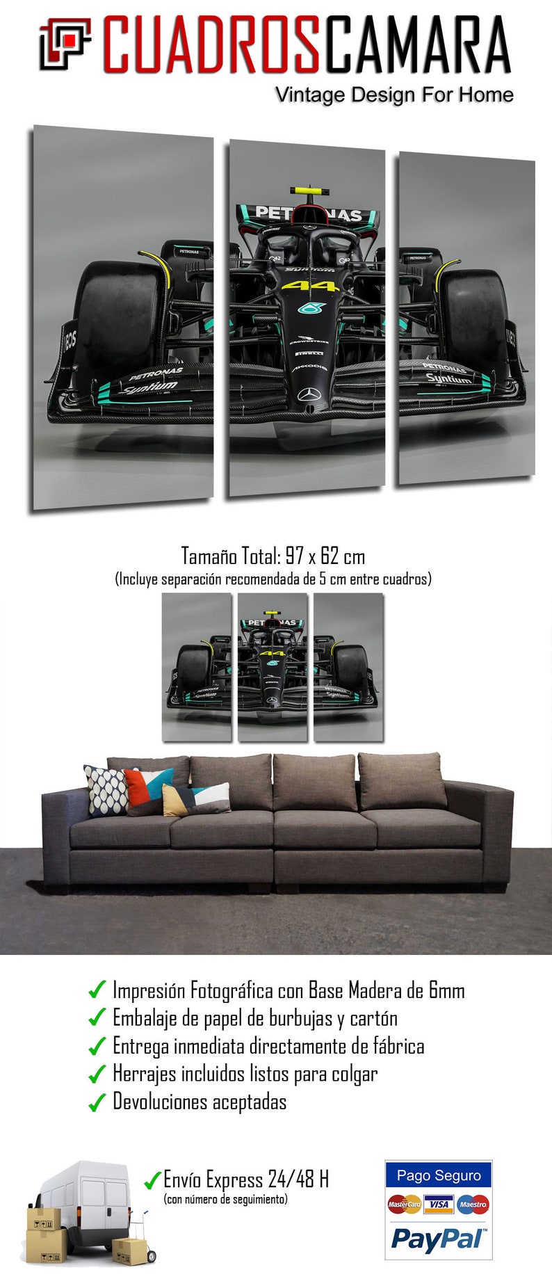 Puede incluir: Un conjunto de tres impresiones en lienzo que presenta un primer plano de un coche de carreras de F&oacute;rmula 1 negro con detalles en verde y amarillo. El coche est&aacute; etiquetado como "PETRONAS Syntium". El tama&ntilde;o total del conjunto de impresiones es de 97 x 62 cm.