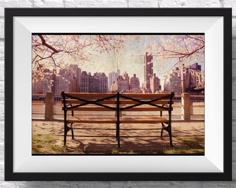 Impression d'art paysage urbain de New York : fleurs de cerisier vintage (téléchargement numérique)