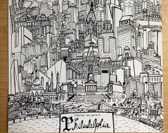 May include: Black and white ink drawing of Philadelphia's cityscape, featuring detailed illustrations of buildings, bridges, and landmarks. The artwork includes the text "Timothy Mcvain's Philadelphia" at the bottom.