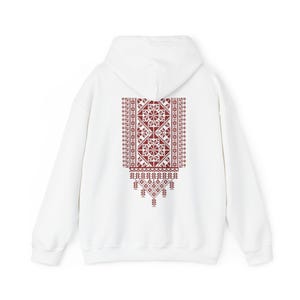 Palestina Tatreez voor- en achterkant bedrukt uniseks Heavy Blend™-sweater met capuchon, Palestijnse hoodie, hoodie met art-folkprint op de achterkant, Jordanië