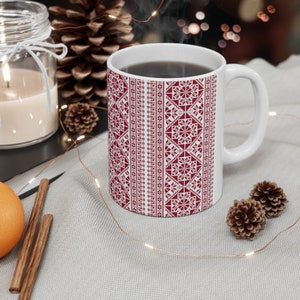 Tatreez Palestine folk art henna Ceramic coffee Mug 11oz, henna favors, gift for Ramadan, Jordan, red Tatreez