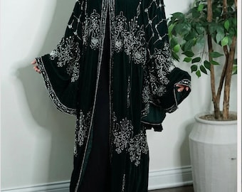 Luxus Samt Waldgrün offene Abaya komplett Handarbeit Verschönerte Perlen Bescheidenheit Eid Hochzeit Ramadan Outfit