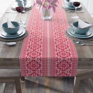 Bedrukte zachte rode tatreez bedrukte tafelloper (katoen, poly), henna feestdecor, Palestijns bruiloftsdecor, henna decoratie