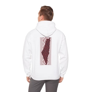Palestine map back front Tatreez printed design Unisex Heavy Blend™ Hooded Sweatshirt hoodie, palestine shirt, Palestinian gift, Palestina