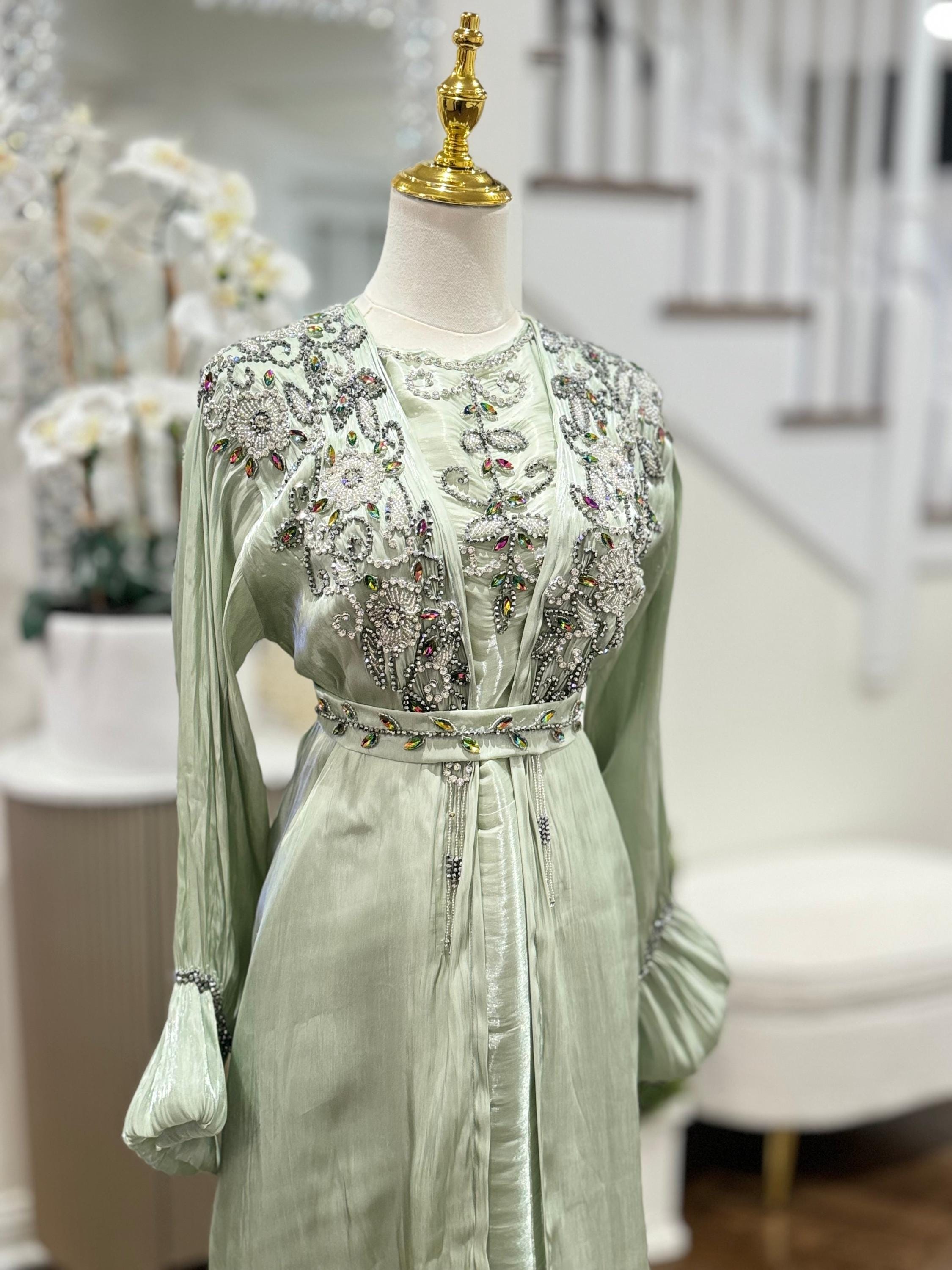 sage beaded dress Sage Green Patterned Beaded Appliqué V-Neck Mini Dress main image 0