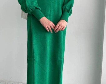 Dames winterstijl groen maxi-sweater gebreide kleding Bell Sleeves-jurk winterjurk