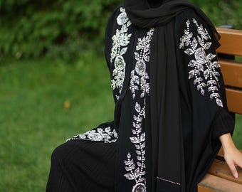 Luxus Smaragd Schwarz verzierte Perlen Cape Abaya