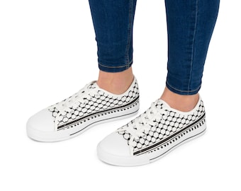 Palestinian Kuffiyah Honeycomb Stripe Pattern Women's Low Top Sneakers | Black White Graphic Canvas | kufiya shoes