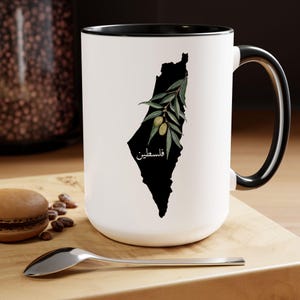 Palestina kaart olijftakken tweekleurige koffiemokken, 15oz, koffiemok Palestina accent, Gaza, Palestina verzet, cadeau