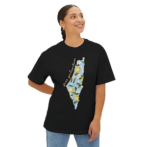 Branche de fleurs de citronnier sur la carte de la Palestine T-shirt carré surdimensionné unisexe, fleur d'oranger sympol de la Palestine, chemise palestinienne, cadeau