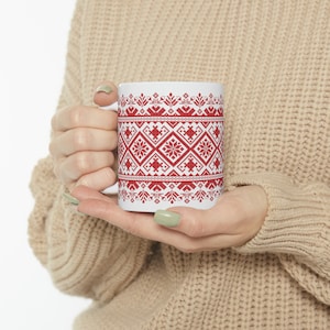 Red tatreez Ceramic coffee Mug, 11oz, Palestinian culture mug, Palestine tatreez pattern cup, gift for Palestine, coffee mug gift