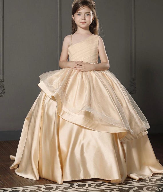 Mona Luxury Golden Puffy Flower Girl Wedding Embellished Strap Gown Dress Mona Luxury Golden Puffy Flower Girl Wedding Embellished Strap Gown Dress