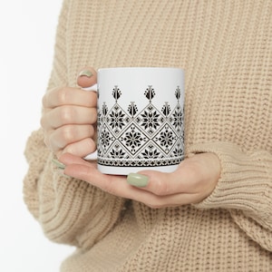 Palestinian printed black tatreez Ceramic coffee Mug, 11oz, mug for gift, Palestinian culture tatreez, tatreez Palestine mug, personalized