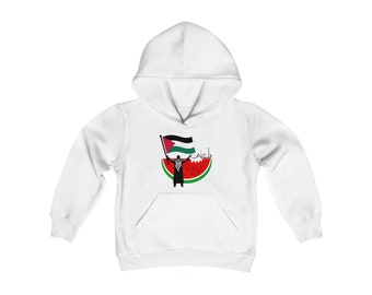 Watermelon for Palestine Youth Heavy Blend Hooded Sweatshirt, Palestinian kids hoodie, Eid hoodie, gift for kids, Palestine flag
