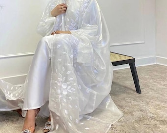White Sheer Organza Embroidery Open  Abaya | bride abaya | mother of bride | White Cardigan | modest wear Muslim Ramadan fashion long dress