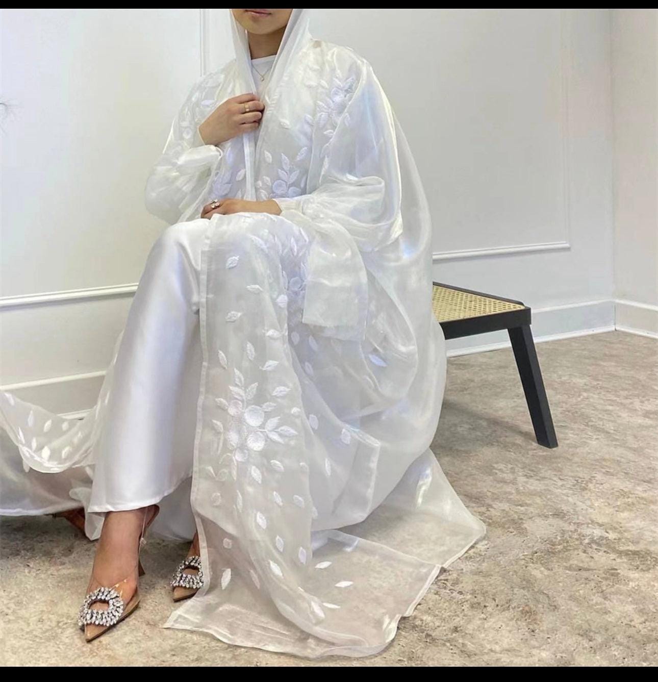 White Sheer Organza Embroidery Open Abaya bride abaya mother of bride White Cardigan modest wear Muslim Ramadan fashion long dress