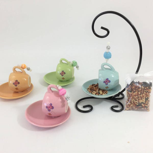 Mini tea cup and saucer bird feeder repurposed childrens tea set