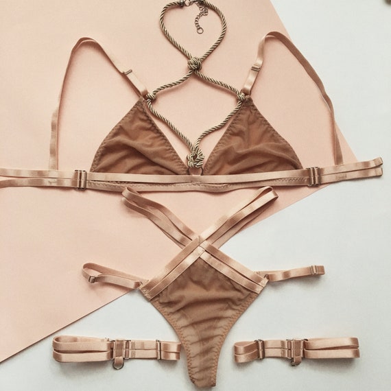 570px x 570px - Shibari Lingerie Set, Lingerie set, Nude lingerie, Garter, Harness bra,  Strappy lingerie, Strappy panties, Sexy Valentine Day Gift