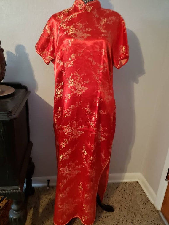 Chinese Satin Brocade Tangzhuang Style Midi Dress