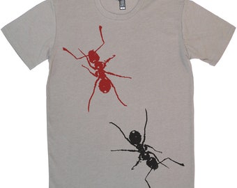 May include: A gray t-shirt with a red and black ant graphic print. The ants are stylized and have a grunge aesthetic.