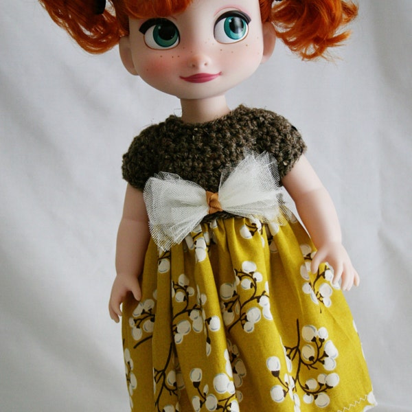 Disney Animators Collection Doll Dress - Crochet and Fabric - Blossoms in Mustard Print with Tulle Bow