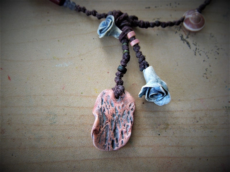 N646 Rustic Necklace Blue Flowers Flower Necklace Hippie Primitive Necklace