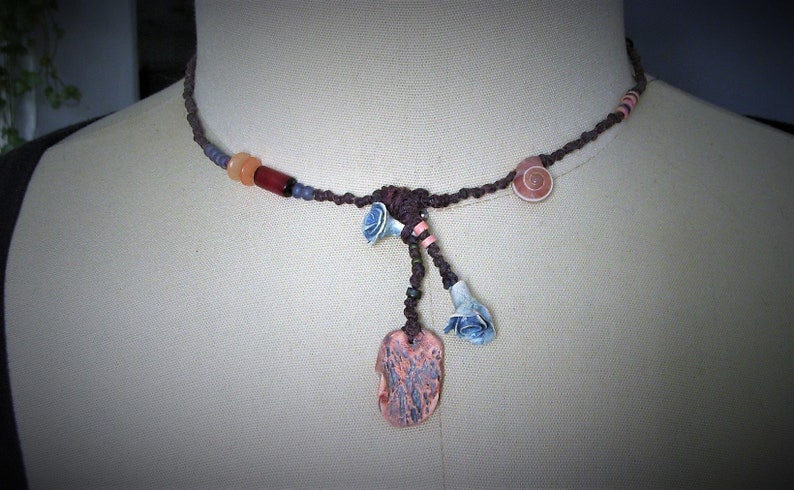 N646 Rustic Necklace Blue Flowers Flower Necklace Hippie Primitive Necklace