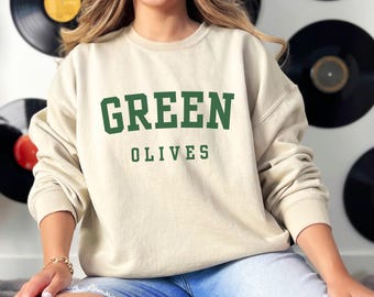 Sudadera con cuello redondo universitaria de aceitunas verdes / Sudadera con capucha para amantes de la comida / Sudadera con cuello redondo de Dirty Martini / Sudadera con cuello redondo de Happy Hour / Regalos para amantes de las aceitunas