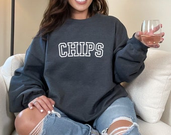 Chips Collegiate Style Unisex Crewneck Sweatshirt | Gifts for Chip Lovers | Gifts for Foodies | Chips and Dip | Snacks Pullover Sweatshirt