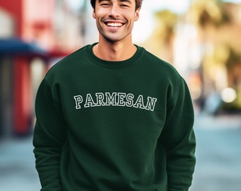 Parmesan Collegiate Font Graphic Sweatshirt | Cheese Lover's Pullover | Unisex Parmesan Cheese Crewneck Sweatshirt | Gifts for Foodies