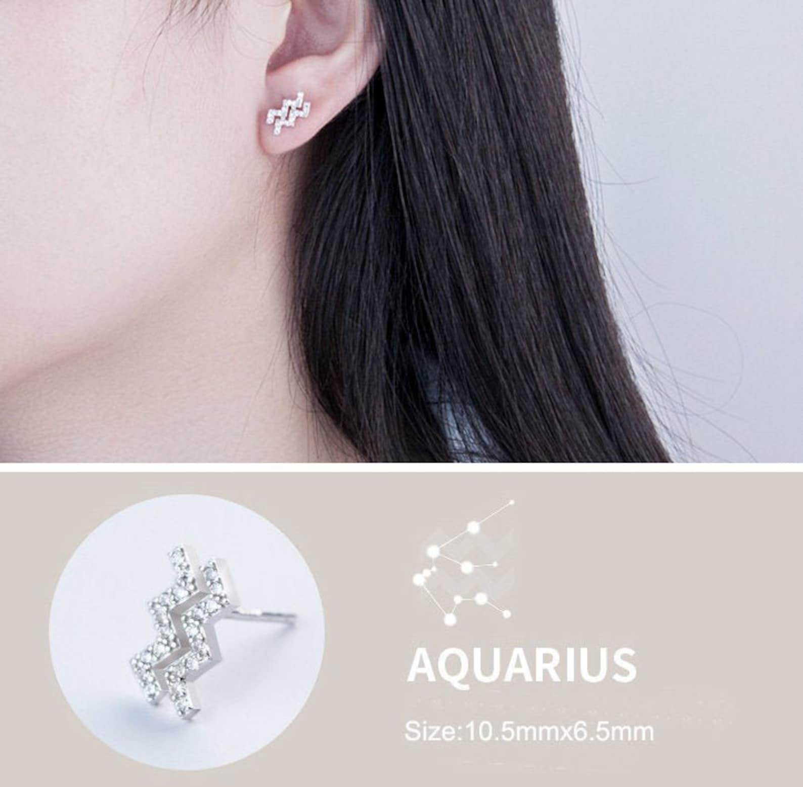 Aquarius Diamond Earring Horoscope Earring Pair 925 Silver Etsy