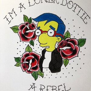 May include: A hand-drawn illustration of a cartoon character with blue hair, yellow skin, and red glasses. The character is wearing a black leather jacket and is surrounded by red roses. The text "I'M A LONER DOTTIE A REBEL" is written in a stylized font around the character.