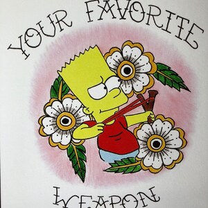 May include: A yellow cartoon character with spiky hair holding a slingshot. The character is surrounded by white flowers with black centers and green leaves. The text "YOUR FAVORITE WEAPON" is written in black above the character.