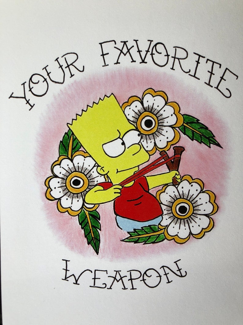 May include: A yellow cartoon character with spiky hair holding a slingshot. The character is surrounded by white flowers with black centers and green leaves. The text "YOUR FAVORITE WEAPON" is written in black above the character.