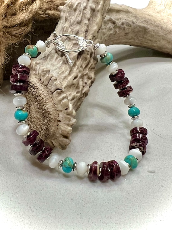 Purple Spiny Oyster and Kingman Turquoise Bracelet