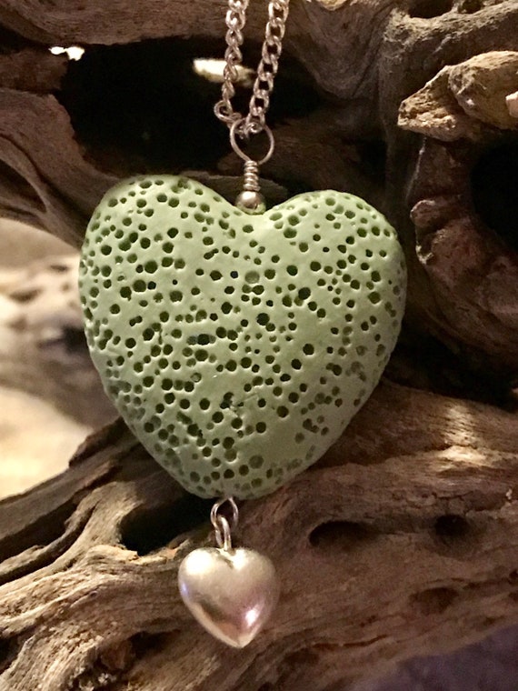 Mint Green Lava Heart Pendant with Sterling Charm