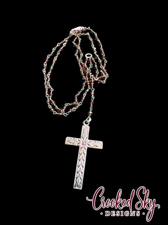 Rosary Style Garnet Necklace with Sterling Silver Cross Pendant