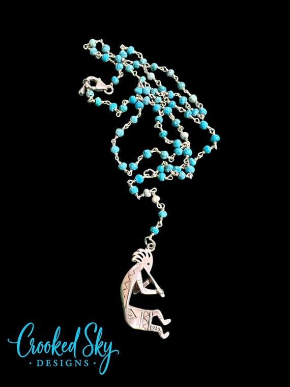 Natural Turquoise Beaded Chain with Sterling Silver Kokopeli Pendant