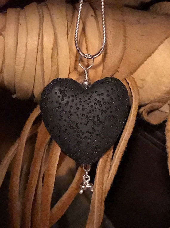Black Lava Heart Pendant with Sterling Charm
