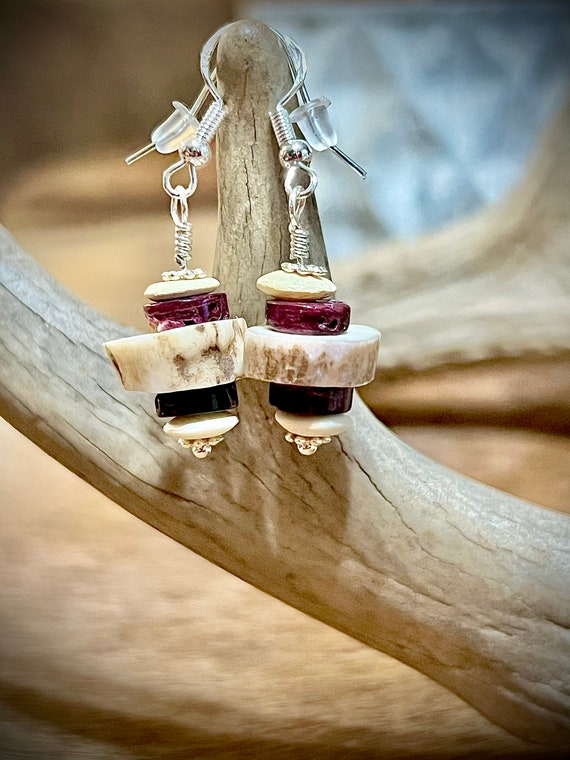 Deer Antler and Purple Spiny Oyster Earrings