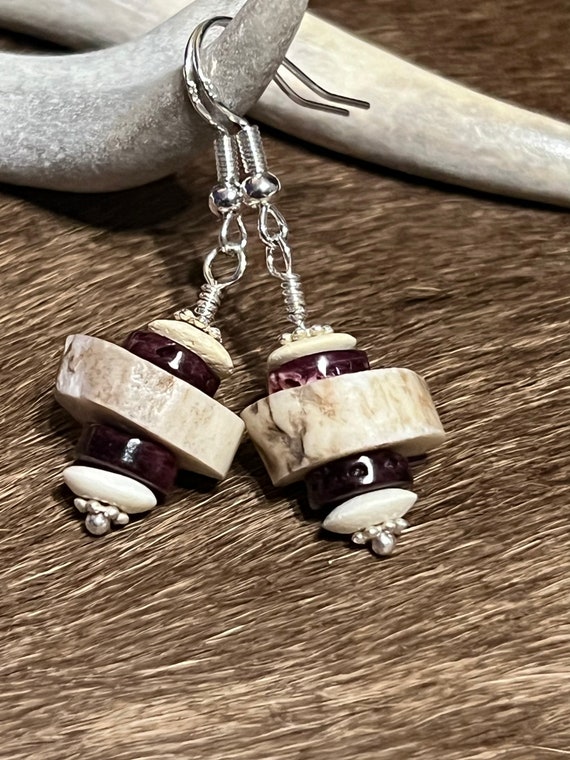 Purple Spiny Oyster and Deer Antler Earrings