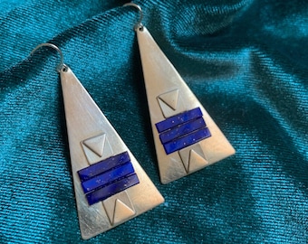 Brass Triangle Art Deco Long Earrings with Vintage Lapis Blue Speckled Glass Women's Jewelry, 1920s Inspired Retro Glam Geometric Goldfilled