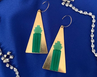 Brass Triangle Art Deco Long Earrings with Vintage Green Czech Glass Women's Jewelry, 1920s Inspired Retro Glam Geometric Goldfilled