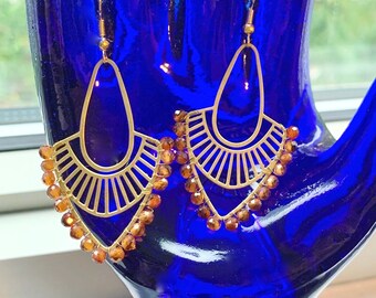 Wire Wrapped Orange Garnet Stone Beads & Gold Brass Metal Art Deco Design Women's Dangle Earrings, Handmade Boho Intricate Jewelry for Fall